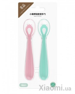 Детские силиконовые ложки Xiaomi Kola Mama Baby Silicone Spoons Pink + Green 2 pcs set