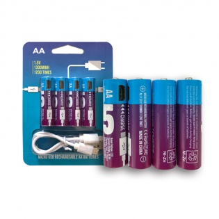Аккумуляторные батарейки АА 1300Mah 1.5V с зарядкой Micro USB, 4 штуки (Фиолетовый)