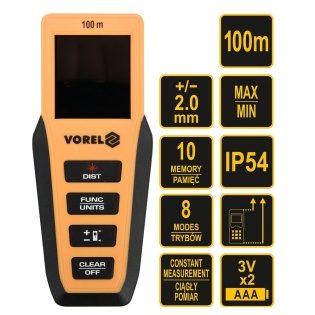 Дальномiр лазерний VOREL 81795 0.2-100 м ± 2 мм, 8 режимiв (Чорно-жовтий)
