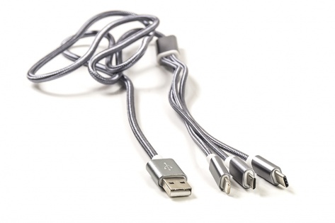 Кабель PowerPlant 2.1A 3-в-1 USB AM - Type-C/Lightning/Micro, 1.2м, серый