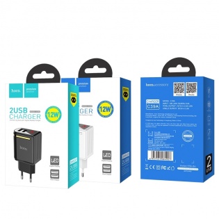 Сетевое зарядное устройство HOCO C39A 2,4 A / 2 USB-порт / 12 W / LCD (White)