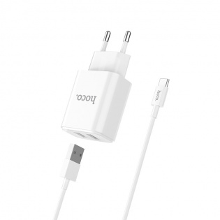 Сетевое зарядное устройство HOCO C62A Victoria 2,1 A / 2 USB-порт + кабель USB Type-C (White)