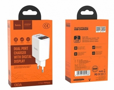Сетевое зарядное устройство HOCO C63A 2,1 A / 2 USB-порт / LED (White)