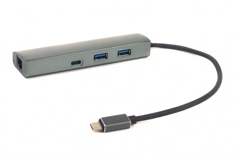 Перехідник PowerPlant USB 3.0 2 порта + 1 порт Type-C USB 3.1 + Gigabit Ethernet