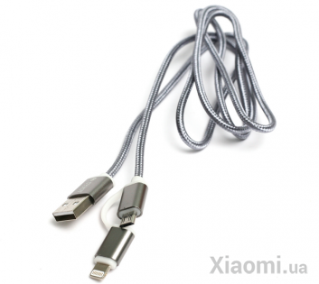 Кабель PowerPlant Quick Charge 2A 2-в-1 cotton USB 2.0 AM – Lightning/Micro 1м grey