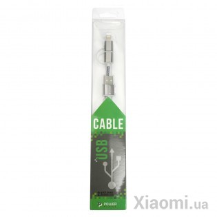 Кабель PowerPlant Quick Charge 2A 2-в-1 cotton USB 2.0 AM – Lightning/Micro 1м grey