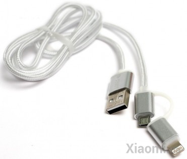 Кабель PowerPlant Quick Charge 2A 2-в-1 cotton USB 2.0 AM – Lightning/Micro 1м silver
