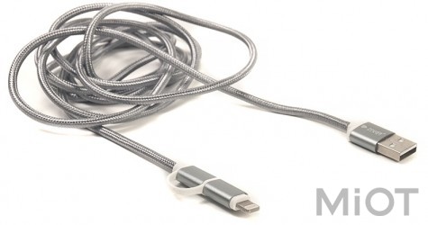 Кабель PowerPlant Quick Charge 2A 2-в-1 бавовна USB 2.0 AM - Lightning/Micro 2м сірий