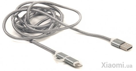 Кабель PowerPlant Quick Charge 2A 2-в-1 cotton USB 2.0 AM – Lightning/Micro 2м grey