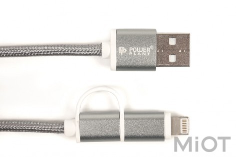 Кабель PowerPlant Quick Charge 2A 2-в-1 бавовна USB 2.0 AM - Lightning/Micro 2м сірий