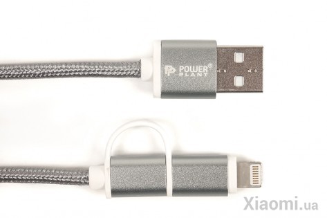 Кабель PowerPlant Quick Charge 2A 2-в-1 cotton USB 2.0 AM – Lightning/Micro 2м grey