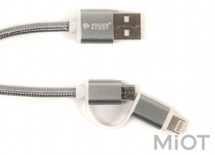 Кабель PowerPlant Quick Charge 2A 2-в-1 бавовна USB 2.0 AM - Lightning/Micro 2м сірий