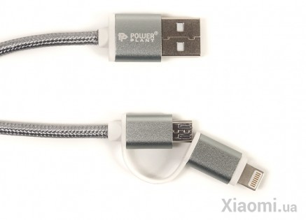 Кабель PowerPlant Quick Charge 2A 2-в-1 cotton USB 2.0 AM – Lightning/Micro 2м grey