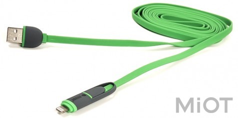 Кабель PowerPlant Quick Charge 2A 2-в-1 flat USB 2.0 AM – Lightning/Micro 2м Green