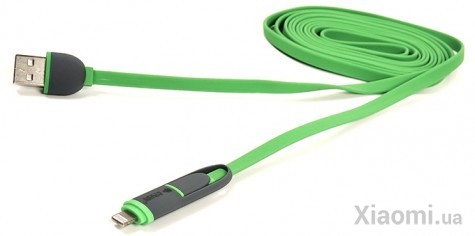 Кабель PowerPlant Quick Charge 2A 2-в-1 flat USB 2.0 AM – Lightning/Micro 2м Green
