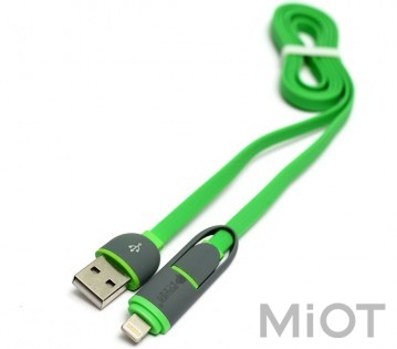 Кабель PowerPlant Quick Charge 2A 2-в-1 flat USB 2.0 AM – Lightning/Micro 1м green