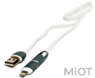 Кабель PowerPlant Quick Charge 2A 2-в-1 flat USB 2.0 AM – Lightning/Micro 1м white