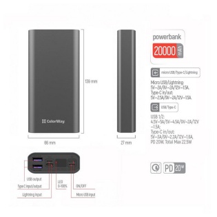 Універсальна мобільна батарея ColorWay 20000mAh Gray (CW-PB200LPH3GR-PDD)