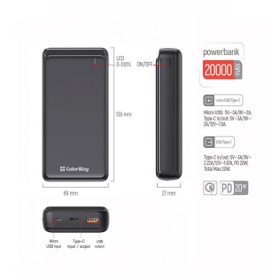 Універсальна мобільна батарея ColorWay Slim 20000mAh Black (CW-PB200LPG3BK-PD)