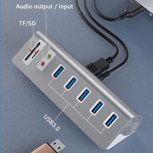 USB hub Acasis USB-7U 3.5 мм на 5 портов USB 3.0 с аудио адаптером и картридером (Серебристый)