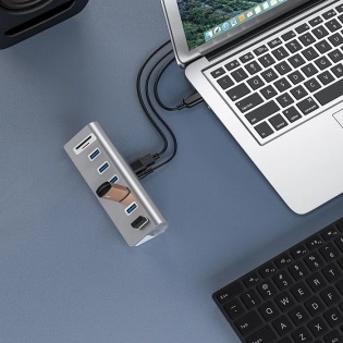 USB hub Acasis USB-7U на 6 портiв USB 3.0 з картрiдером (Серебристый)